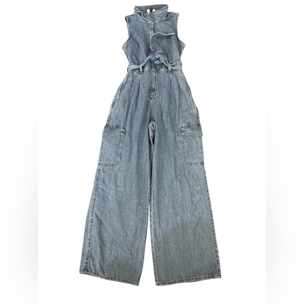 Universal Thread Denim Sleeveless Wide Leg Cargo Utility Jumpsuit Size 6 NWT - Picture 3 of 8
